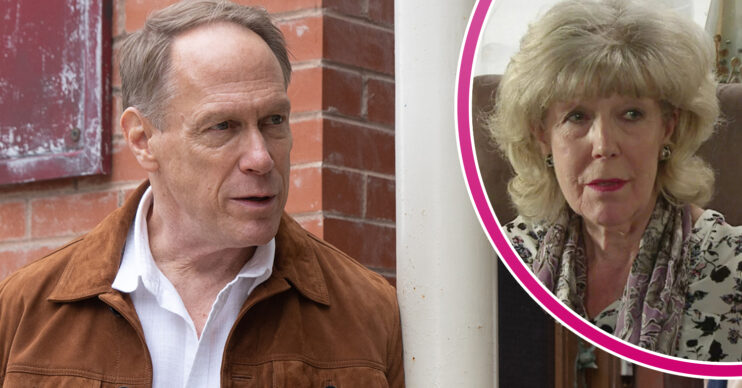 Coronation Street Stephen looking angry and Audrey looking scared