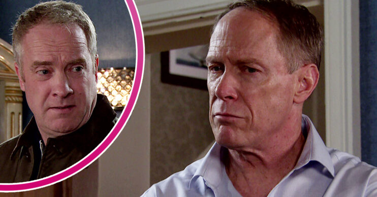 Coronation Street Teddy looking concerned and Stephen sweating