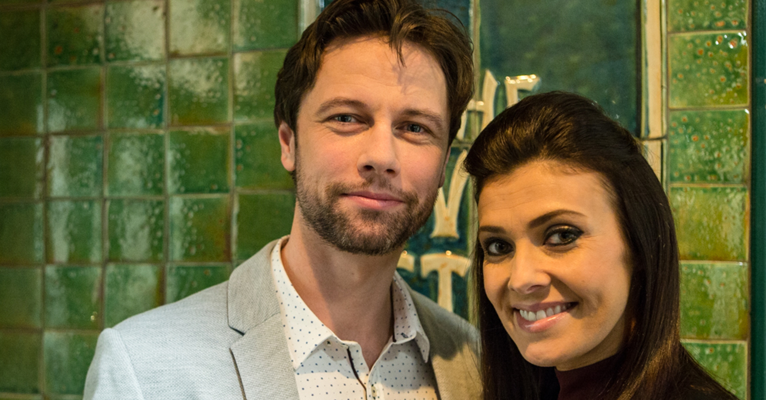 Coronation Street Will smiling with Michelle outside of the Rovers