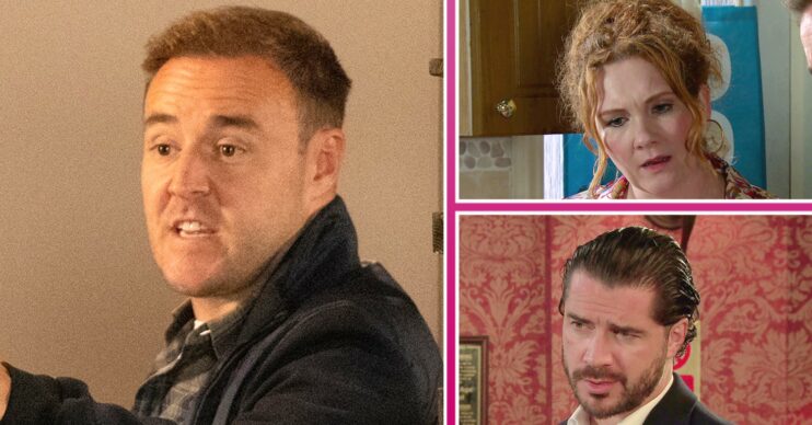 Coronation Street Tyrone looking shocked, Fiz looking shocked and Adam looking concerned