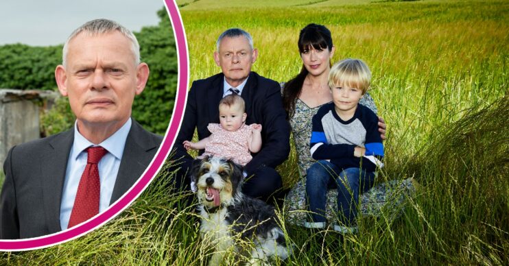 Martin Clunes and Caroline Catz sitting with two children and a dog in Doc Martin