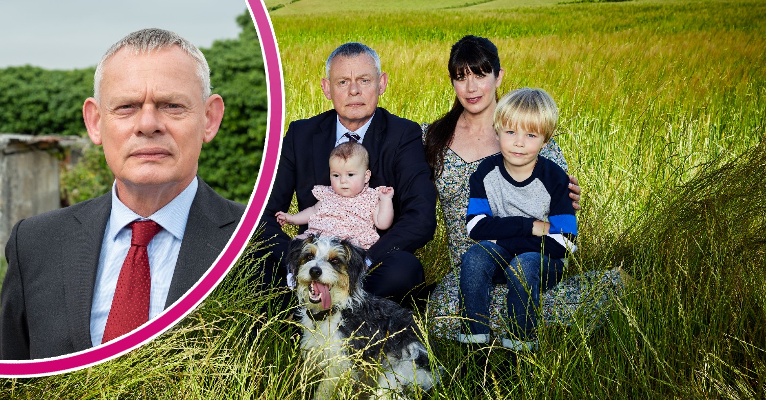 Martin Clunes and Caroline Catz sitting with two children and a dog in Doc Martin