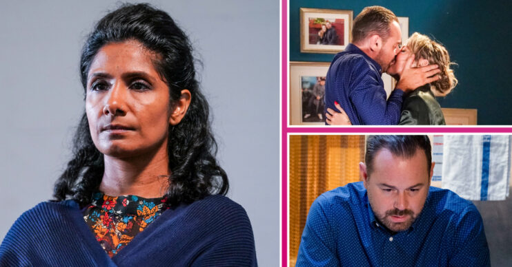 EastEnders Suki looking composed, Mick looking angry and Mick and Janine kissing