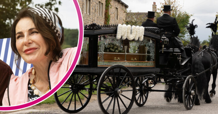 Emmerdale Faith smiling and Faith's funeral carriage with 'Mum' flowers on