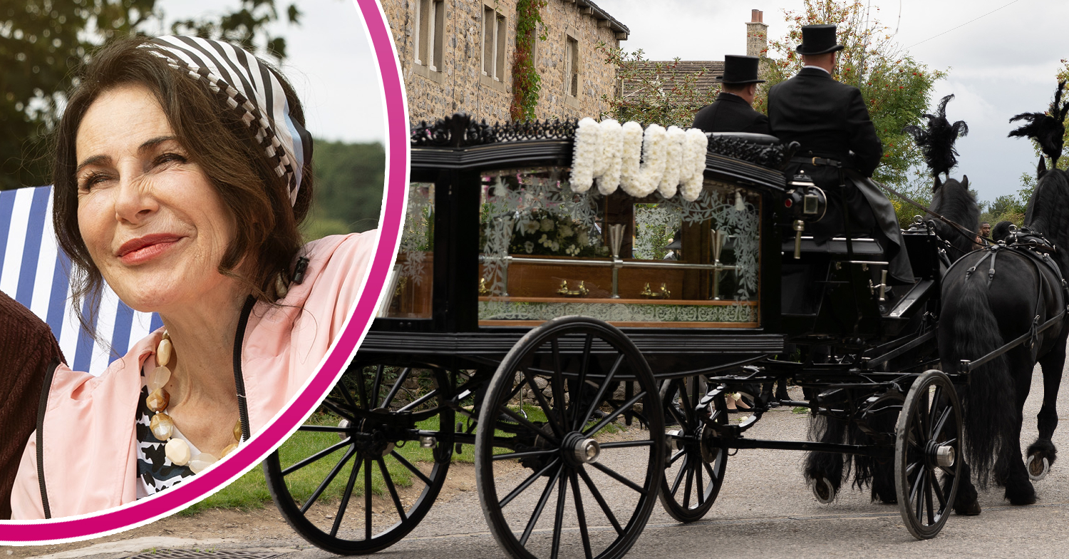 Emmerdale Faith smiling and Faith's funeral carriage with 'Mum' flowers on