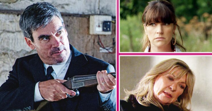 Emmerdale spoilers: Cain holding a gun, Kerry looking worried and Kim looking angry