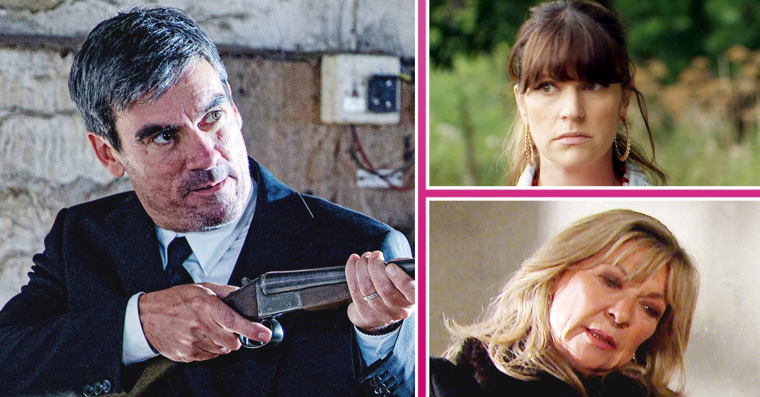 Emmerdale spoilers: Cain holding a gun, Kerry looking worried and Kim looking angry