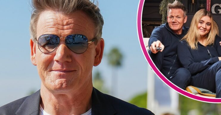Gordon Ramsay wearing sunglasses and him with daughter Tilly on Celebrity Gogglebox