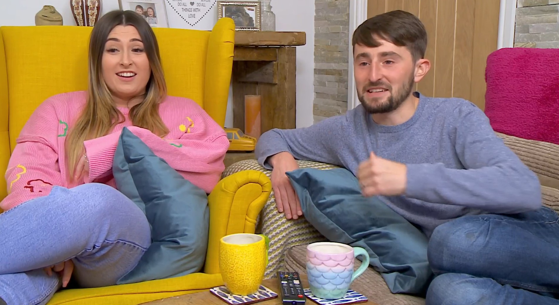 Gogglebox Sophie and Pete laugh on TV