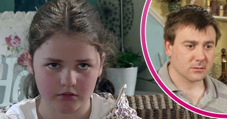 Hope looking angry and John Stape looking worried in Coronation Street