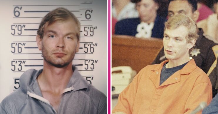 Jeffrey Dahmer prison mugshot and Jeffrey Dahmer wearing a jumpsuit in court
