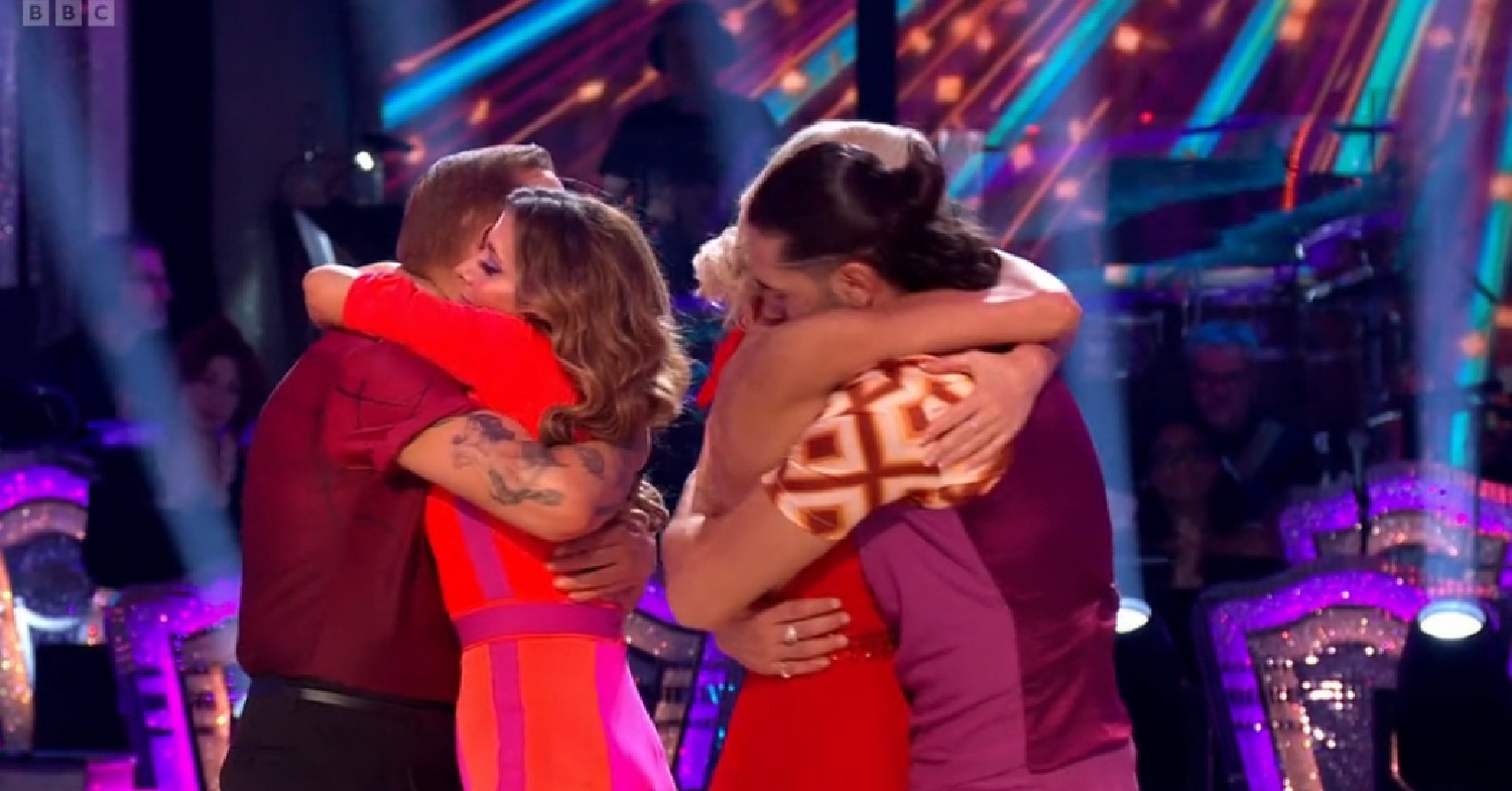 Matt Goss hugs Kym Marsh and Graziano hugs Nadiya during Strictly elimination