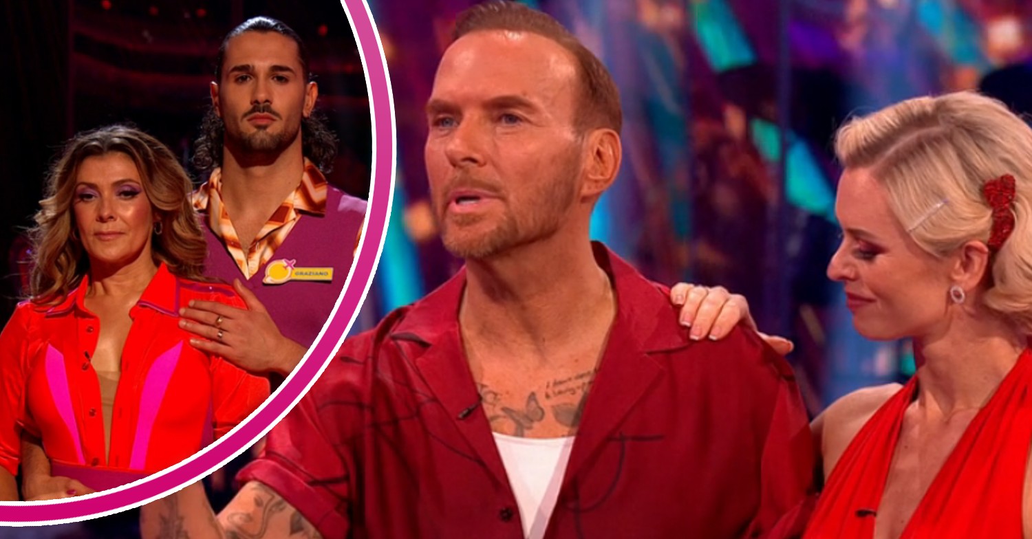 Kym Marsh and Graziano looking worried and Matt Goss and Nadiya speaking on Strictly
