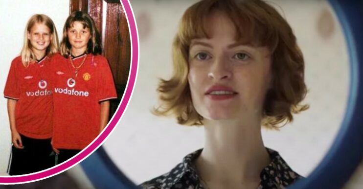Jemma Carlton smiling in Maxine and Holly and Jessica in football shirts