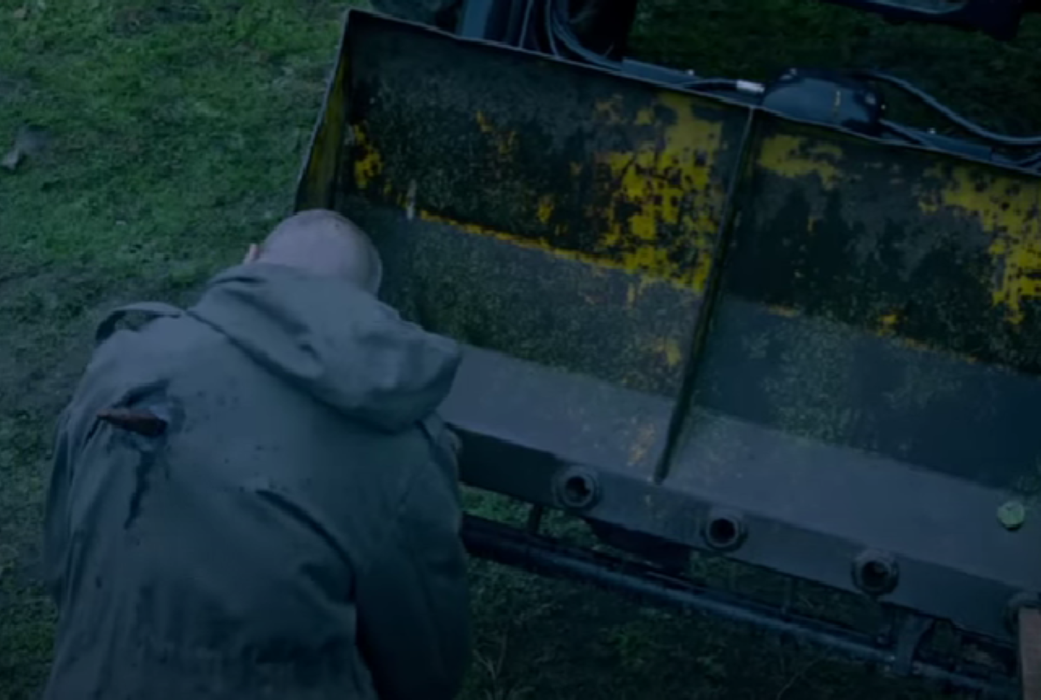 Sam impaled on a piece of tractor machinery Emmerdale