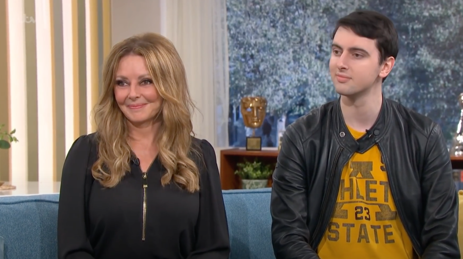 Carol Vorderman and son Cameron King smiling on This Morning