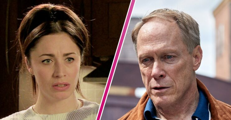 Shona looking worried and Stephen looking annoyed in Coronation Street