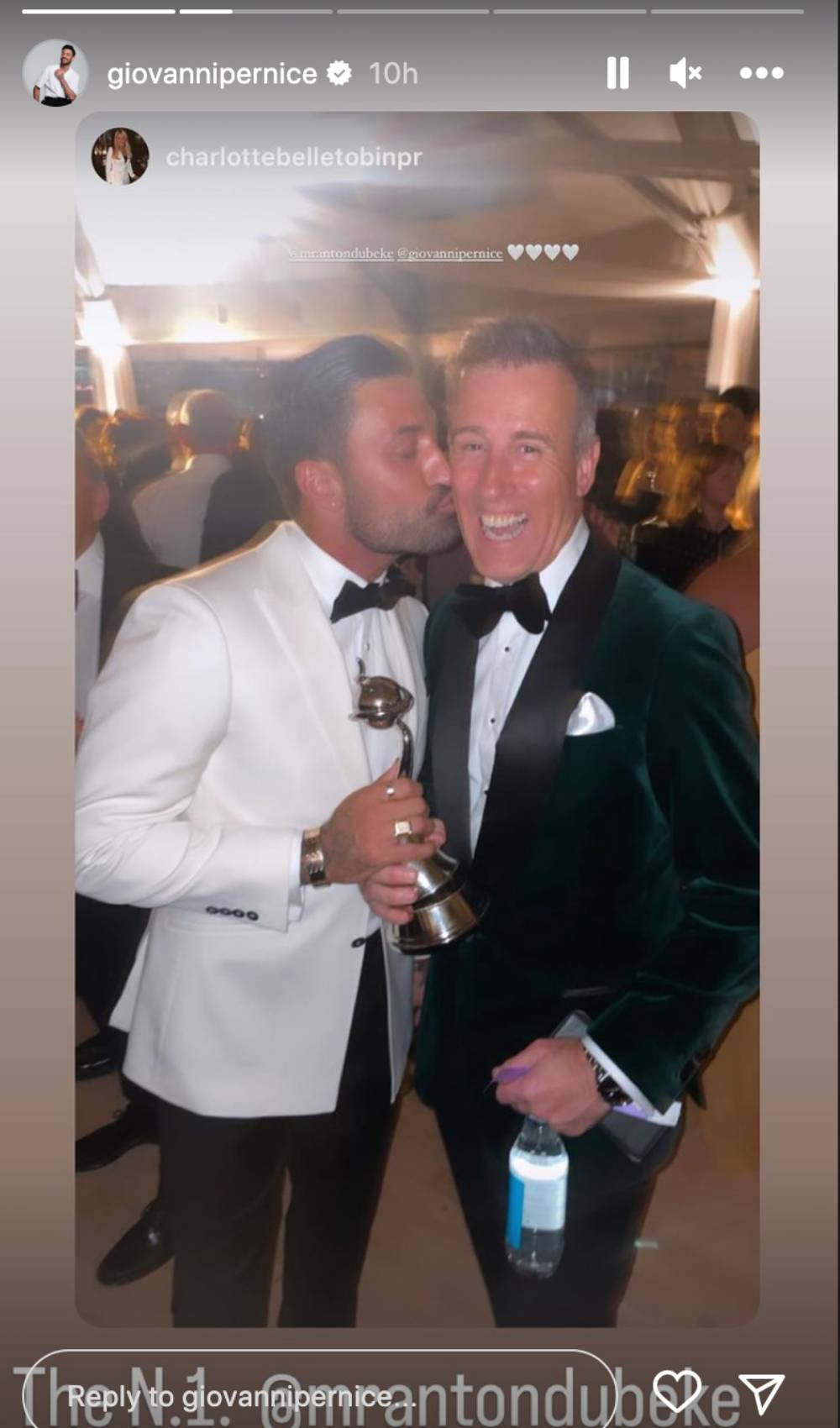Strictly Giovanni Pernice kisses Anton du Beke at the NTAs
