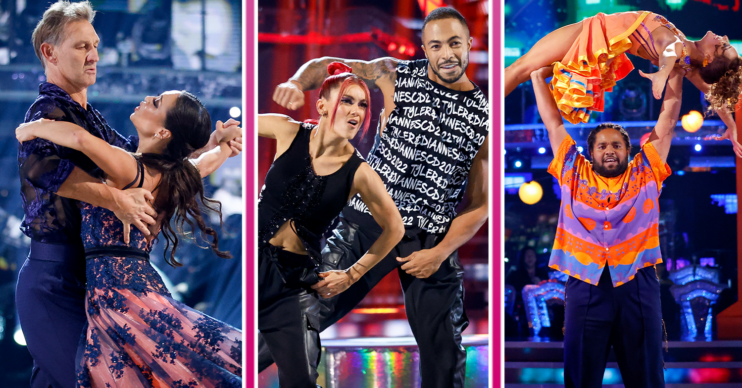 Three Strictly couples dancing side by side