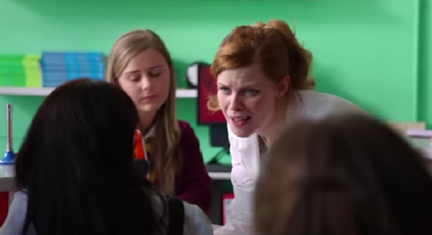 Sue Spark looking annoyed at pupils in Waterloo Road 
