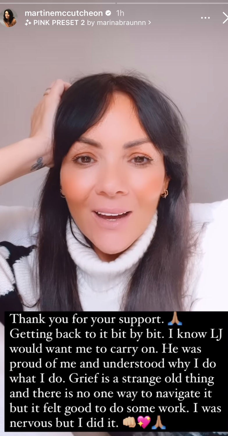 Screenshot of Martine's story thanking fans after her brother's death