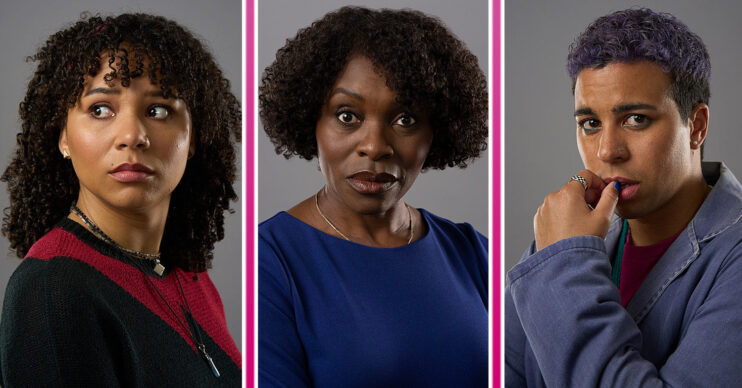 Three people side by side - Mali Ann Rees, Rakie Ayola and Aaron Anthony from The Pact season 2 looking worried