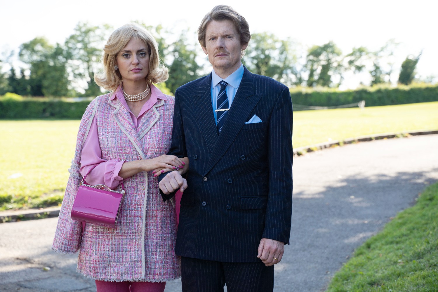 Morgana Robinson and Julian Rhind-Tutt linking arms on The Larkins