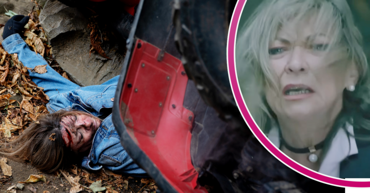 Emmerdale's Harriet trapped under red quad bike with drop in image of Kim looking distressed