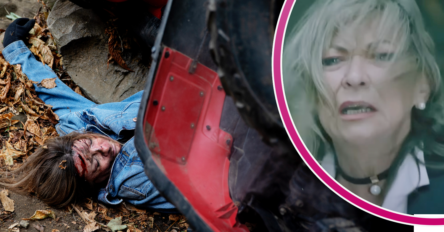 Emmerdale's Harriet trapped under red quad bike with drop in image of Kim looking distressed