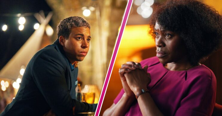 Aaron Anthony and Christine Rees in character looking worried in The Pact series 2