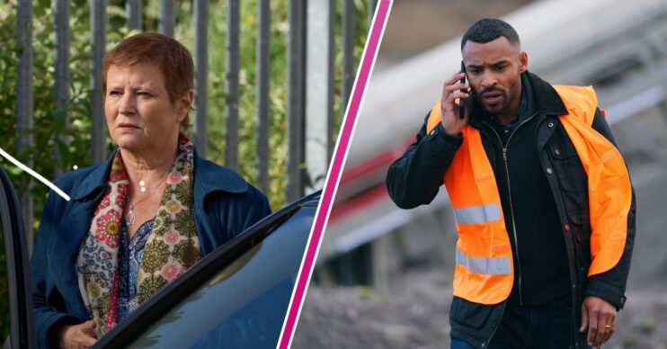 Beth (Lisa Palfrey) stands by her car, and Will (Lloyd Everitt) is on the phone at his building site
