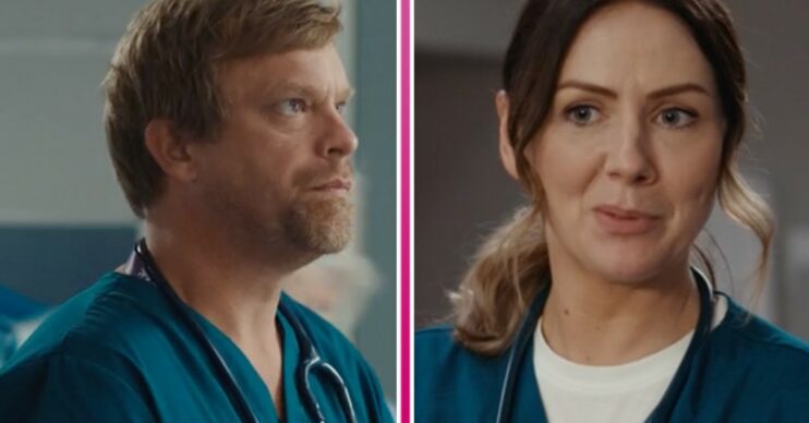 William Beck looks upwards in character, Elinor Lawless looks to the side in character in Casualty