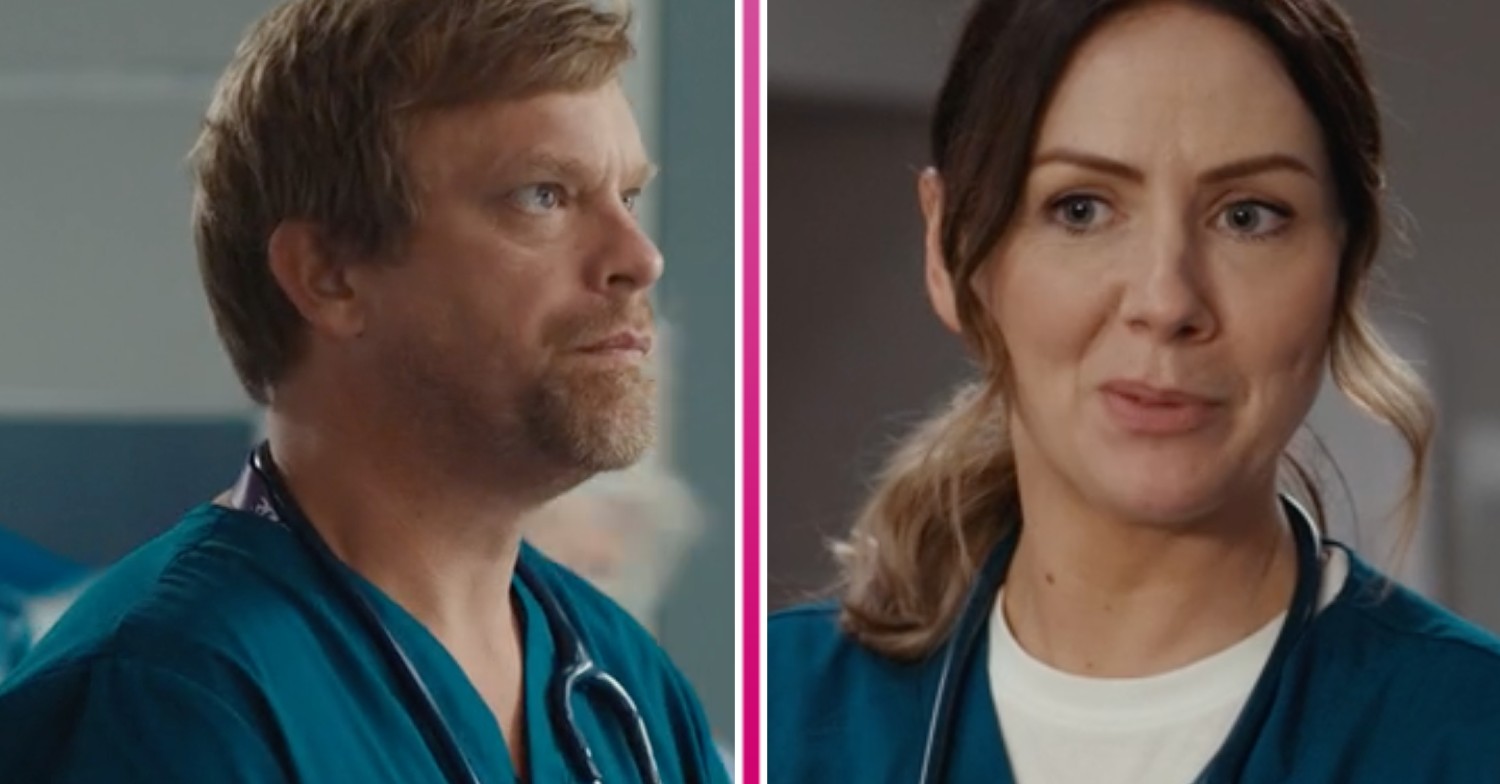 William Beck looks upwards in character, Elinor Lawless looks to the side in character in Casualty