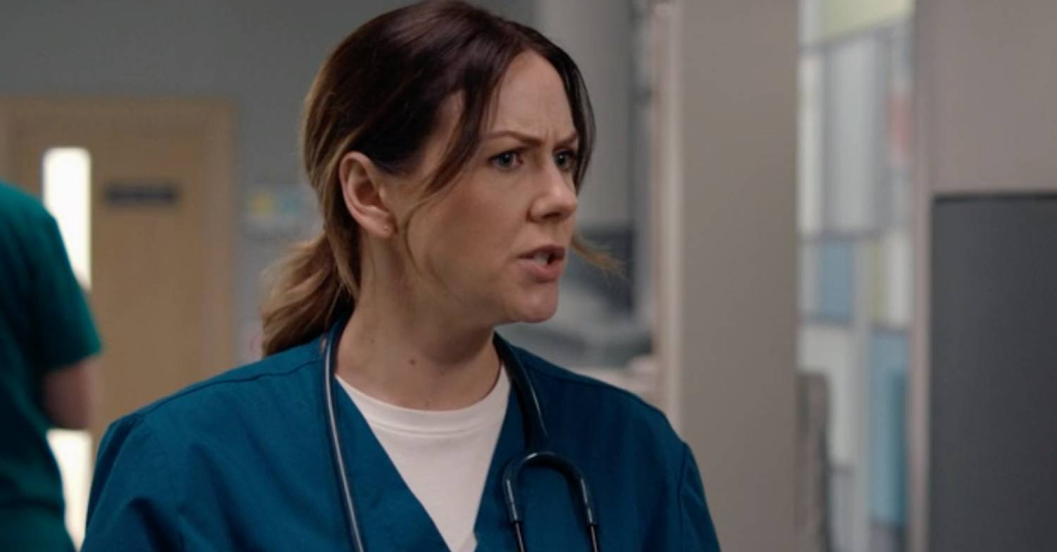 Elinor Lawless looks annoyed in character in Casualty