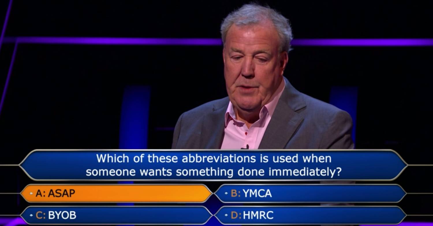Jeremy Clarkson asks a question on Who Wants to Be a Millionaire