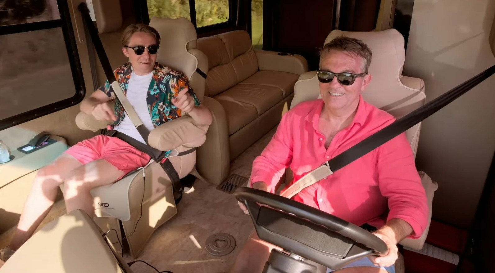 Barney Walsh and Bradley Walsh in Breaking Dad, they sit at the front of an RV as Brad drives
