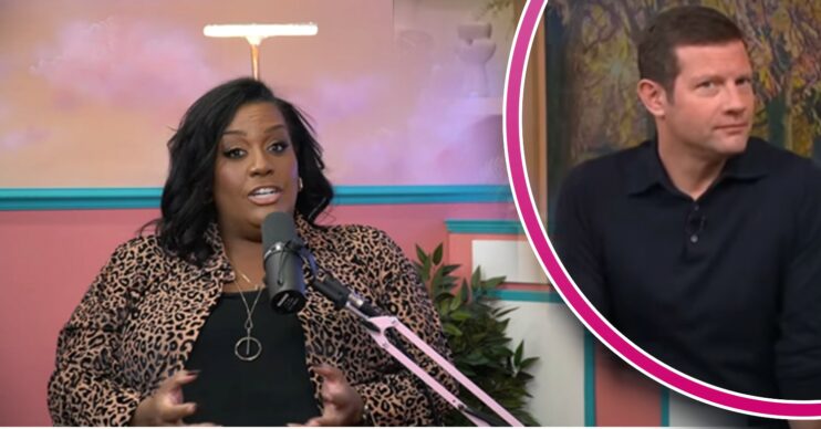 Alison Hammond speaking on podcast and Dermot O'Leary looking into the camera