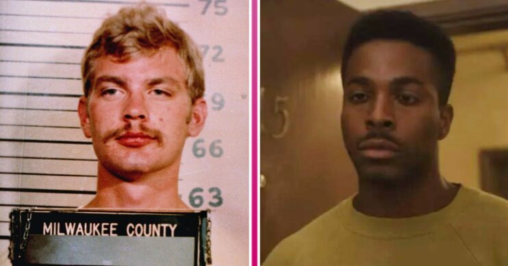 Jeffrey Dahmer prison mug shot and Brandon Black playing Dean Vaughn in Monster: The Jeffrey Dahmer Story