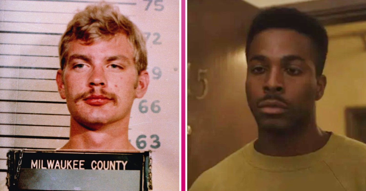 Jeffrey Dahmer prison mug shot and Brandon Black playing Dean Vaughn in Monster: The Jeffrey Dahmer Story