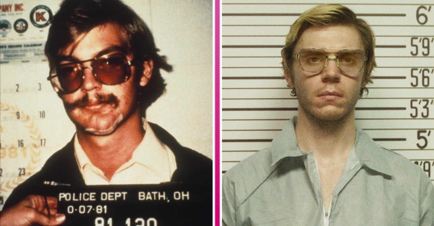 Jeffrey Dahmer prison mugshot and Evan Peters playing Jeffrey Dahmer in Monster: The Jeffrey Dahmer Story