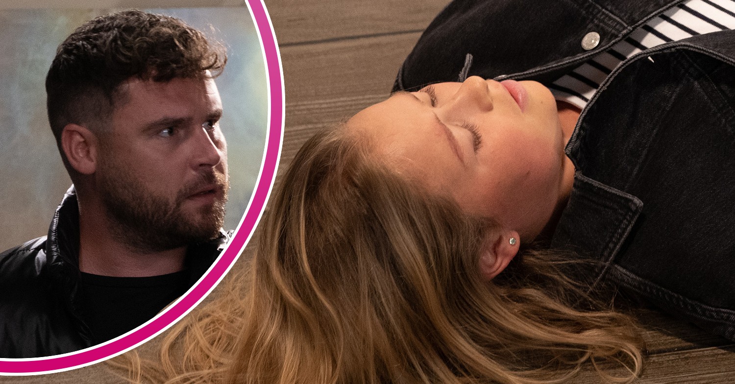 Emmerdale star Danny Miller inset and Liv lifeless on the floor
