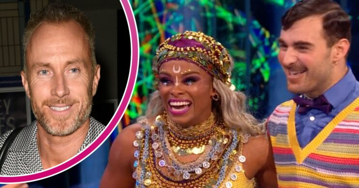 James Jordan smiling, Fleur East and Vito Coppola on Strictly