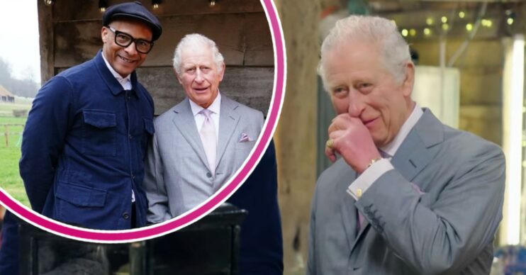 King Charles smiling with Jay Blades on The Repair Shop