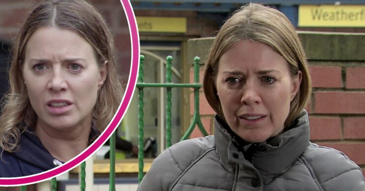 Abi Webster looking annoyed and worried in Corrie