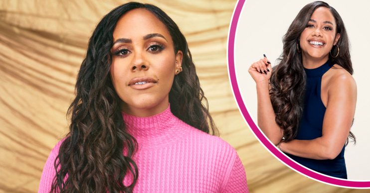 Alex Scott in a pink dress and inset wearing navy