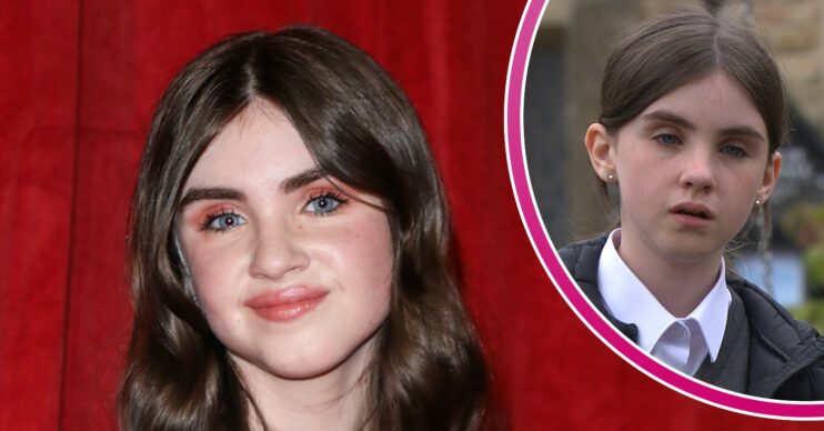 Amelia Flanagan smiling and April Windsor looking worried in Emmerdale