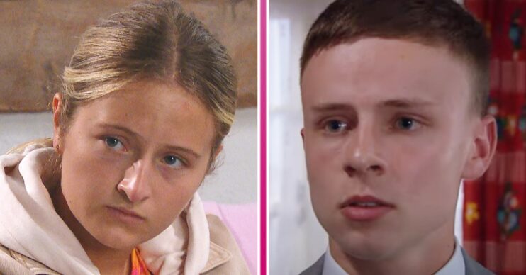 Amelia looking worried and Samson looking shocked in Emmerdale