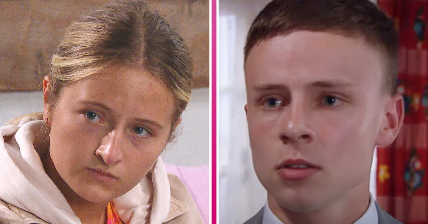 Amelia looking worried and Samson looking shocked in Emmerdale