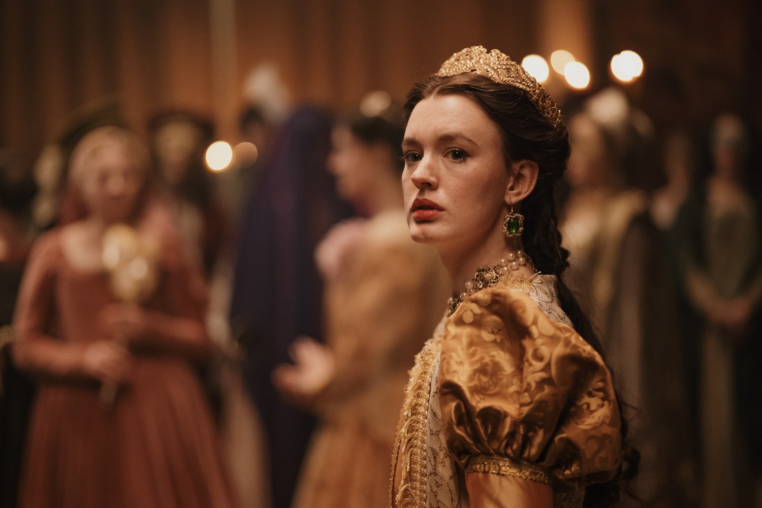 Amy James-Kelly dressed in regal clothes in Blood, Sex & Royalty 