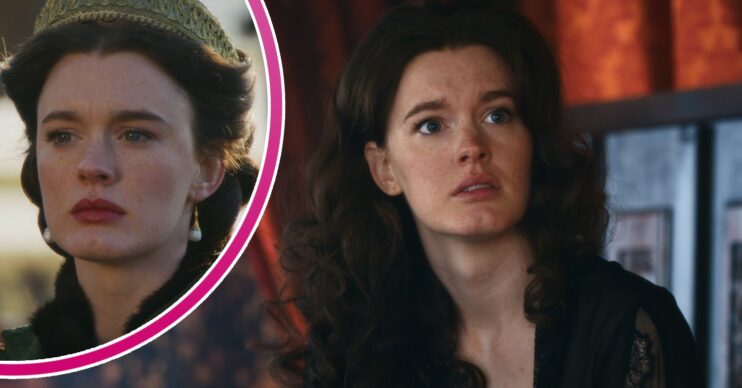 Amy James-Kelly looking shocked and wearing a crown in Blood, Sex & Royalty